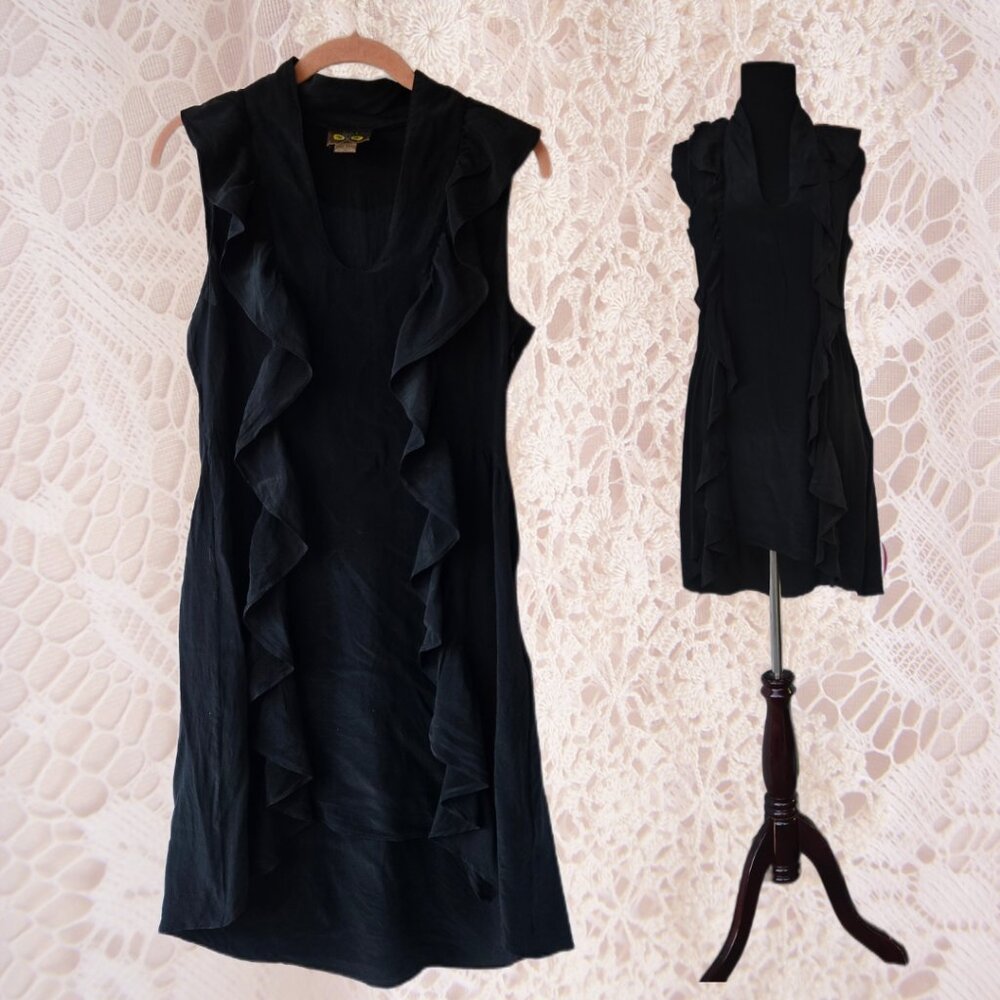 XXI Sheer Silk Black Ruffle Dress Large High Low Hem Fairycore Romantic Glamour